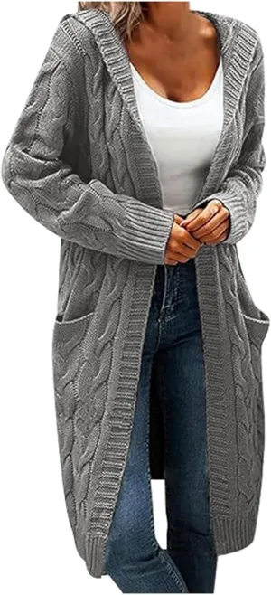 Women Hooded Open Front Cardigan Cable Knit Sweaters Oversized Solid Color Chunky Long Sweater Casual Coats