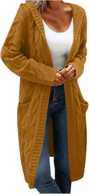 Women Hooded Open Front Cardigan Cable Knit Sweaters Oversized Solid Color Chunky Long Sweater Casual Coats