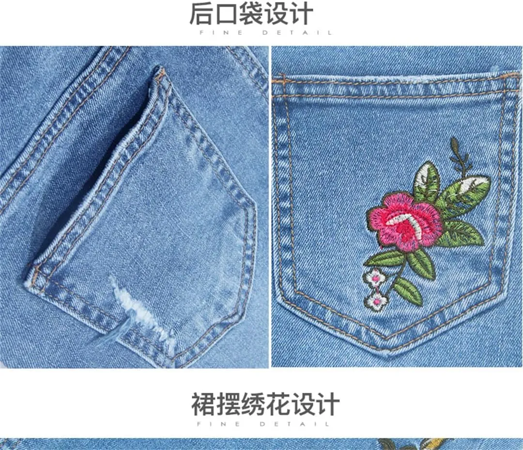 Women Knee-Length Elegant Skirt with Slit Embroidery Pencil Skirts Jeans Denim Skirt