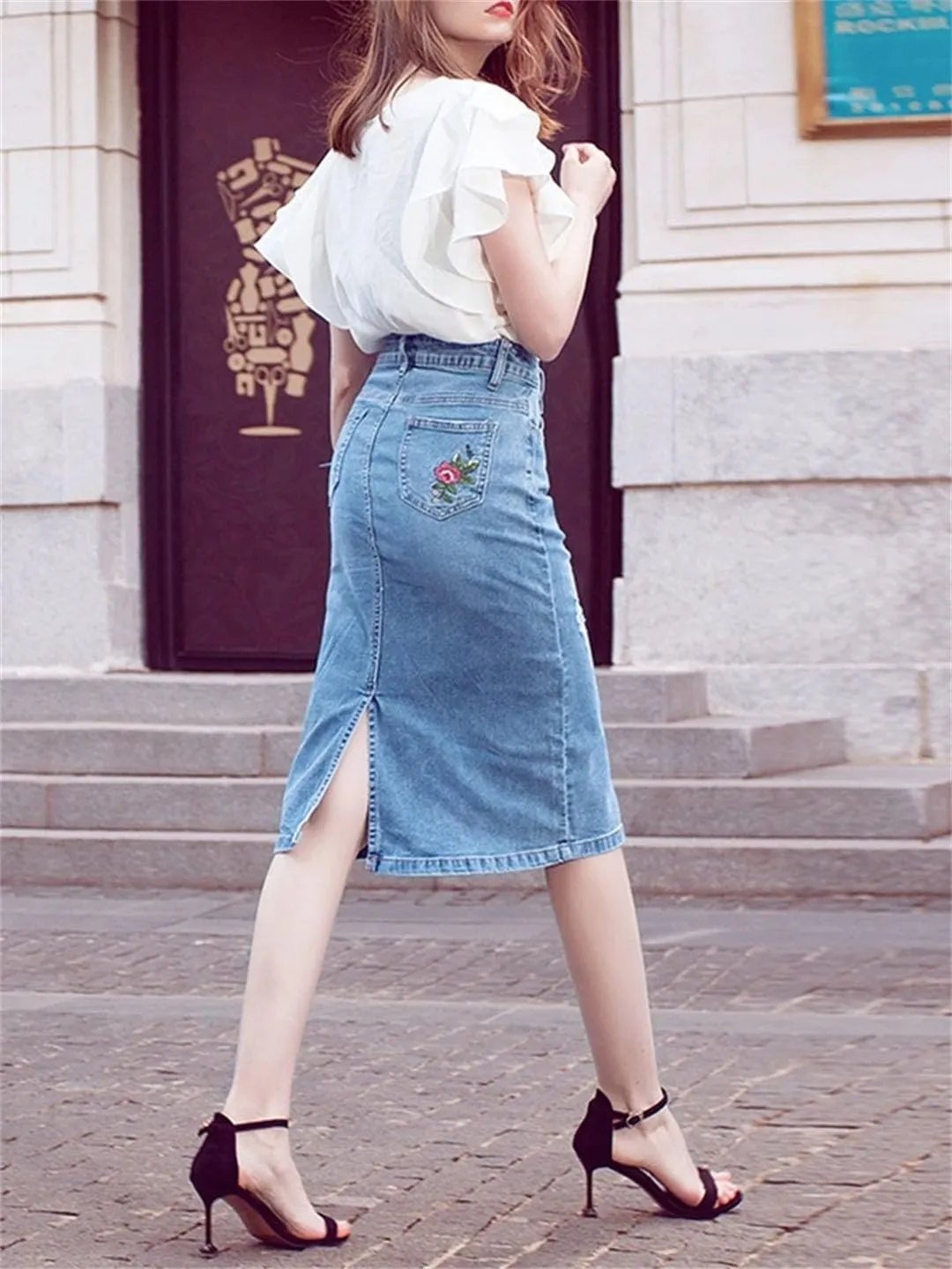Women Knee-Length Elegant Skirt with Slit Embroidery Pencil Skirts Jeans Denim Skirt