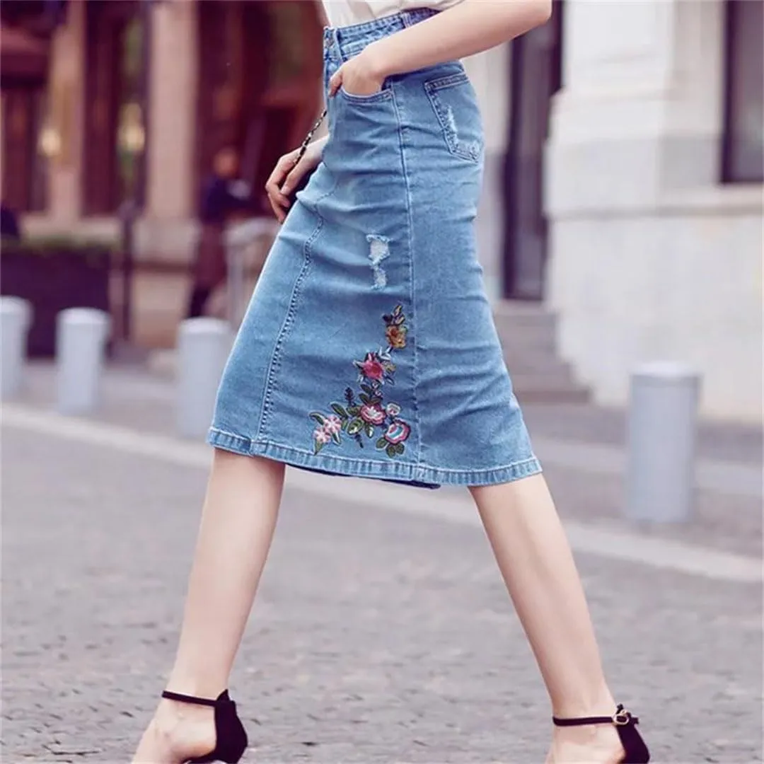 Women Knee-Length Elegant Skirt with Slit Embroidery Pencil Skirts Jeans Denim Skirt