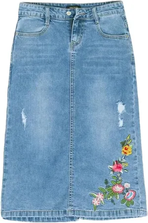 Women Knee-Length Elegant Skirt with Slit Embroidery Pencil Skirts Jeans Denim Skirt