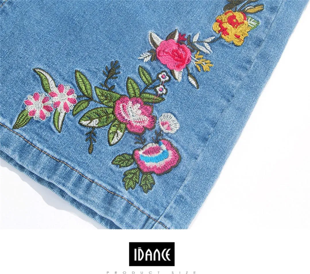 Women Knee-Length Elegant Skirt with Slit Embroidery Pencil Skirts Jeans Denim Skirt