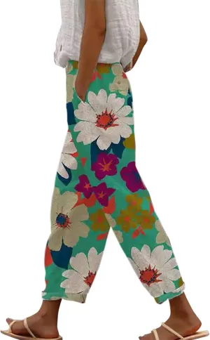 Women Linen Pants Waist Pants Drawstring Capri Pants with Pockets Wide Leg Cropped Pants for Women Lightweight Loose