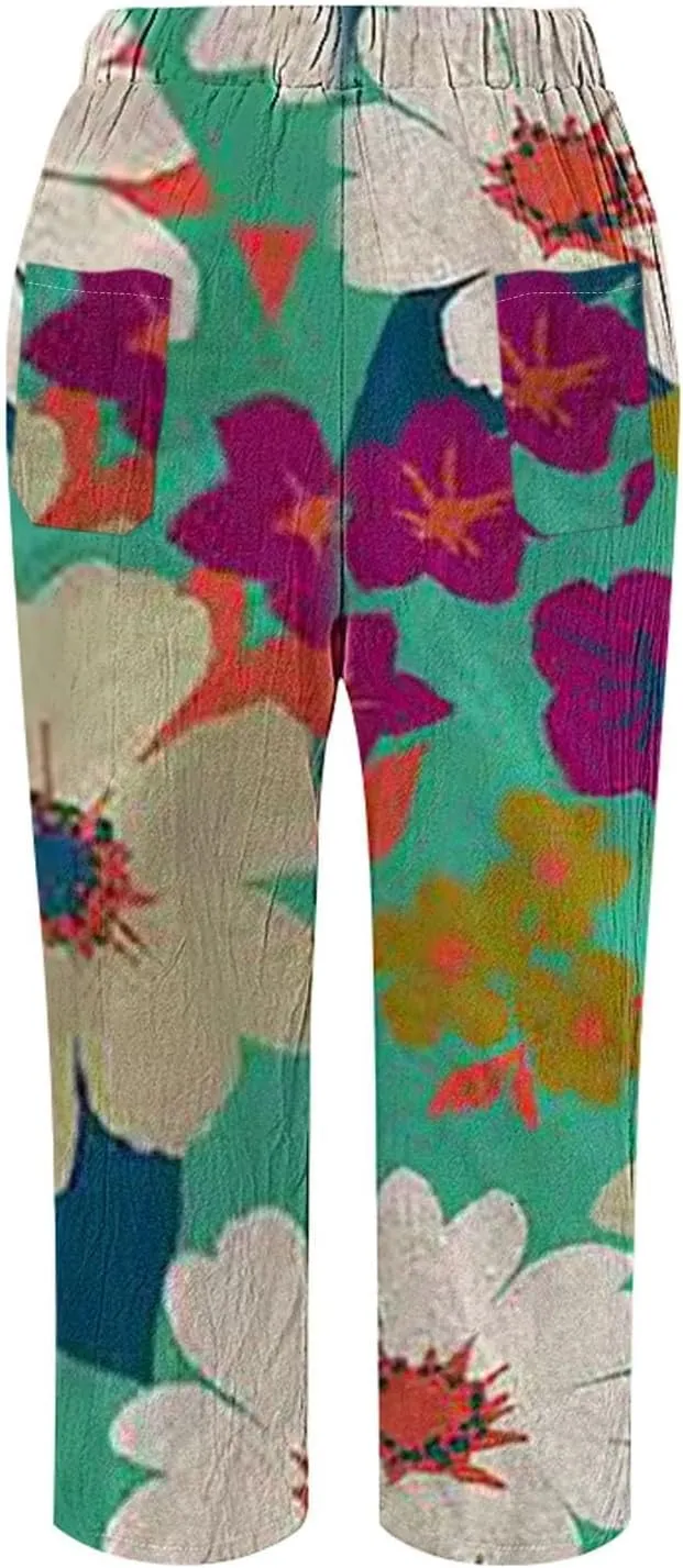 Women Linen Pants Waist Pants Drawstring Capri Pants with Pockets Wide Leg Cropped Pants for Women Lightweight Loose
