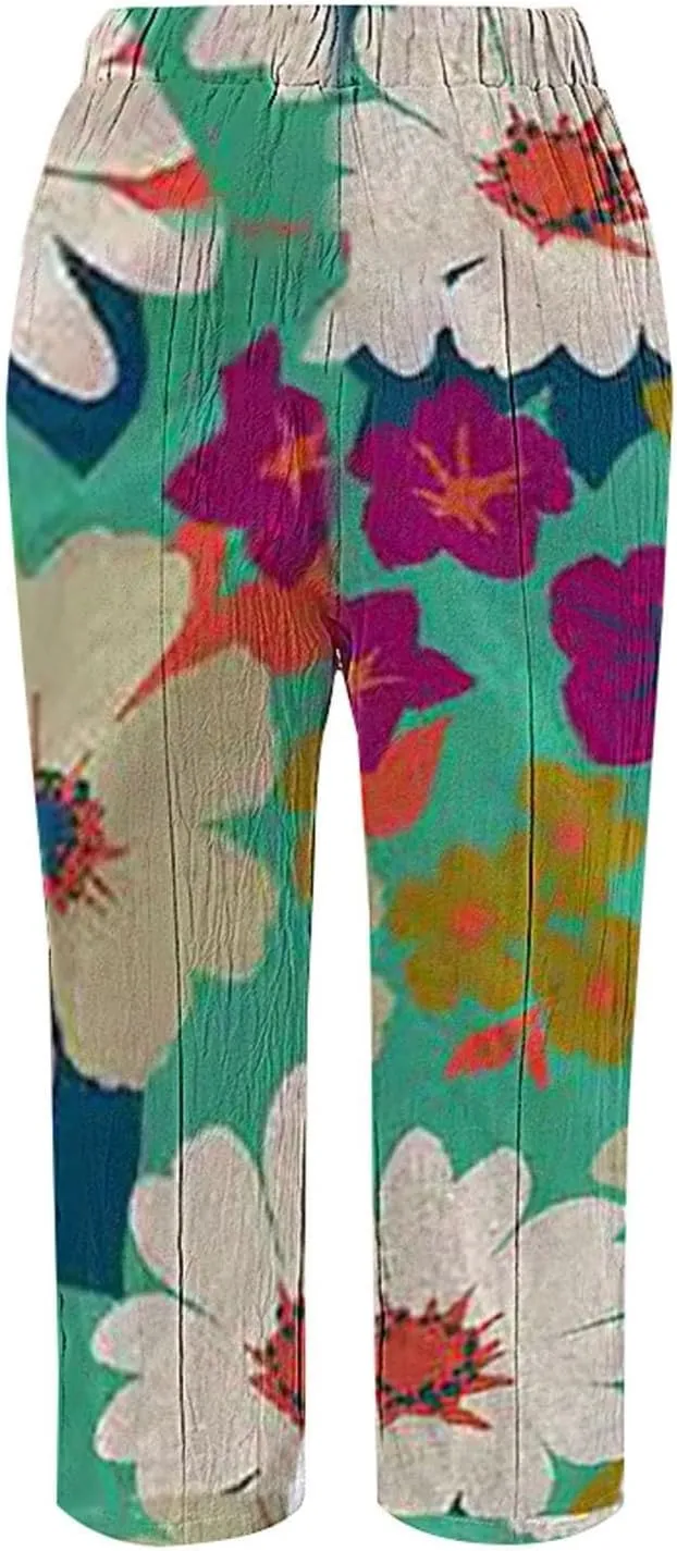 Women Linen Pants Waist Pants Drawstring Capri Pants with Pockets Wide Leg Cropped Pants for Women Lightweight Loose