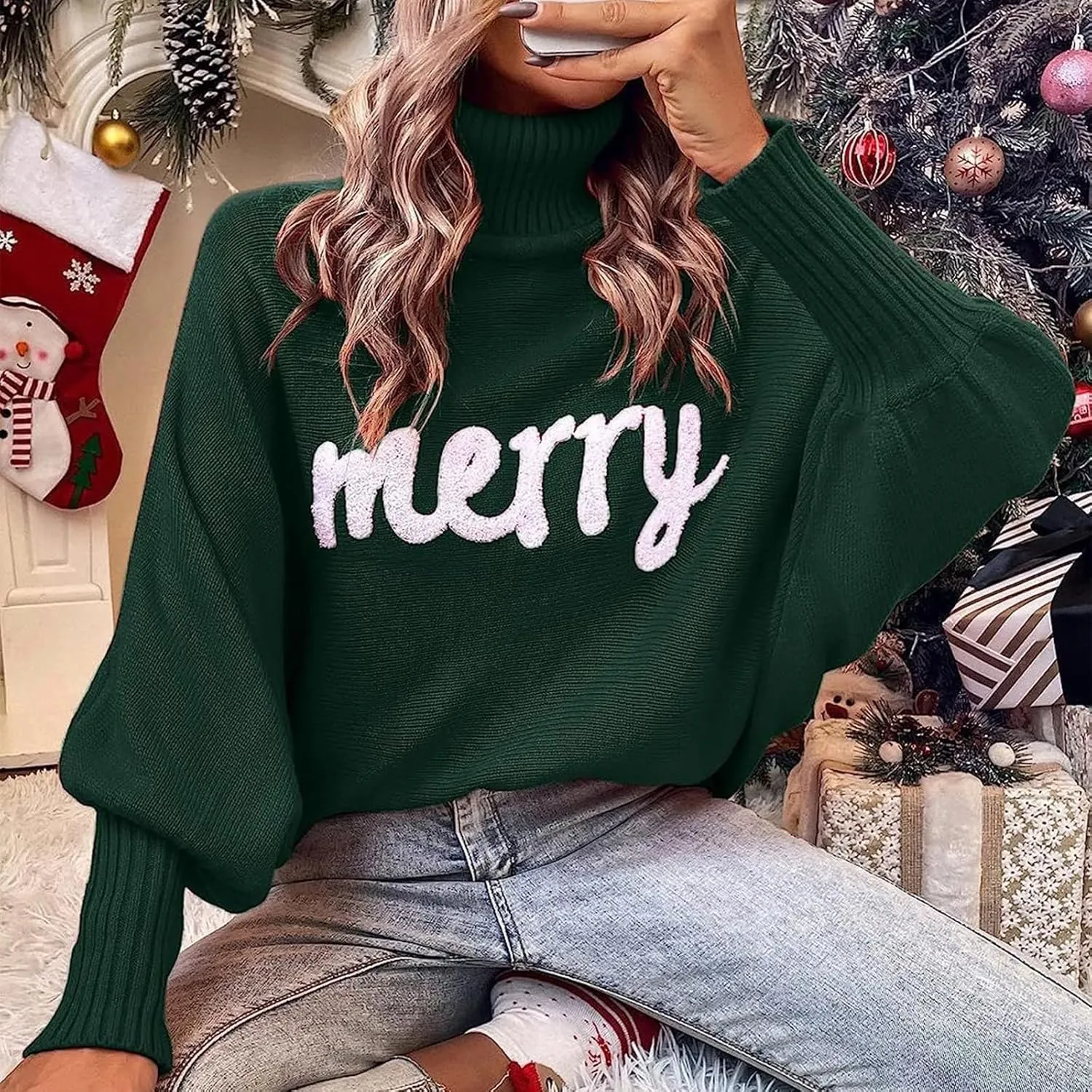 Women Merry Christmas Turtleneck Sweater Xmas Long Batwing Sleeve Letter Pullover Holiday Knitted Sweater Tops