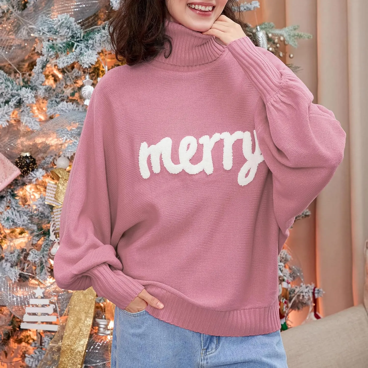 Women Merry Christmas Turtleneck Sweater Xmas Long Batwing Sleeve Letter Pullover Holiday Knitted Sweater Tops