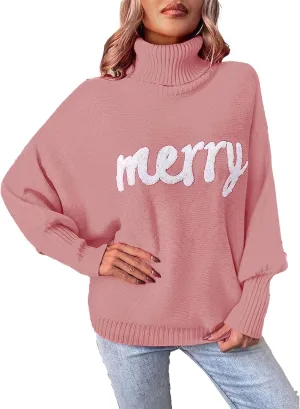 Women Merry Christmas Turtleneck Sweater Xmas Long Batwing Sleeve Letter Pullover Holiday Knitted Sweater Tops