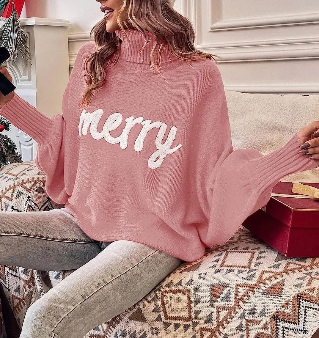 Women Merry Christmas Turtleneck Sweater Xmas Long Batwing Sleeve Letter Pullover Holiday Knitted Sweater Tops