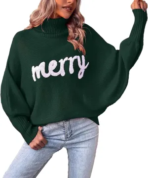 Women Merry Christmas Turtleneck Sweater Xmas Long Batwing Sleeve Letter Pullover Holiday Knitted Sweater Tops