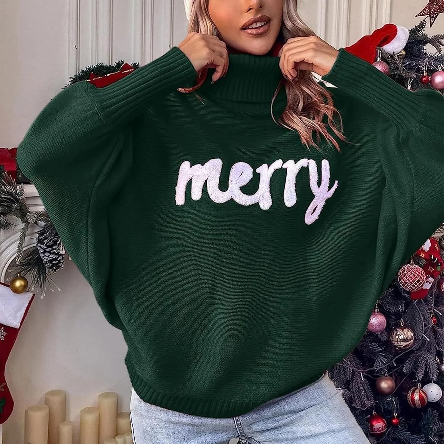 Women Merry Christmas Turtleneck Sweater Xmas Long Batwing Sleeve Letter Pullover Holiday Knitted Sweater Tops