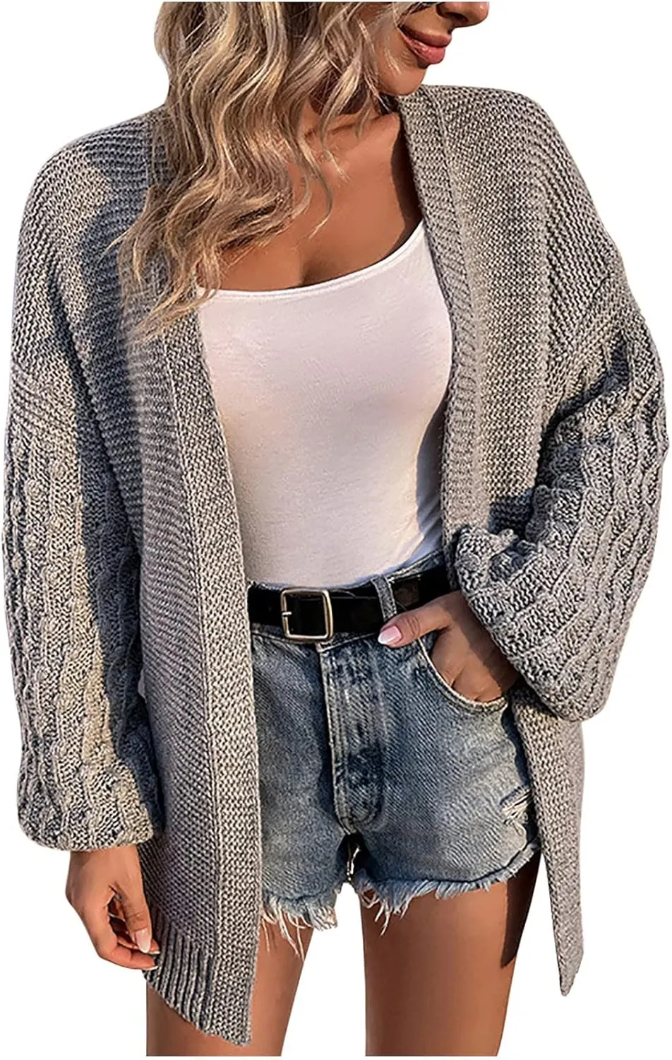 Women Open Front Cardigan Sweaters Casual Loose Chunky Knit Outwear Coat Casual Solid Color Lantern Sleeves Jacke
