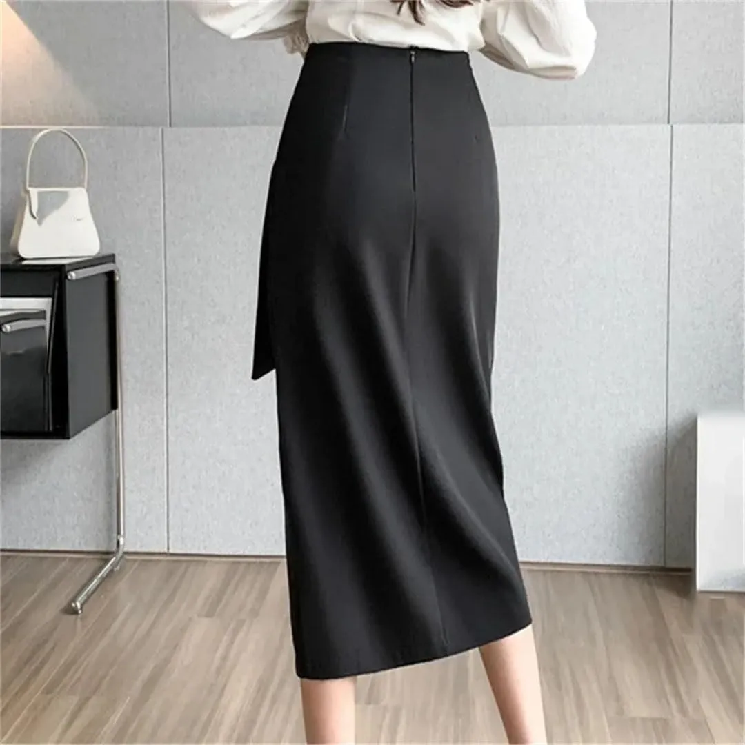 Women Retro High Waist Mid Length Pencil Skirts Solid Office Lady Color Wrapped Skirts