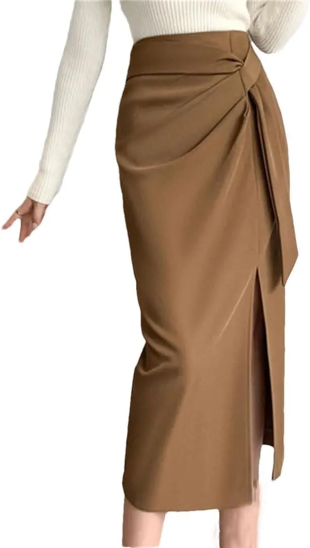 Women Retro High Waist Mid Length Pencil Skirts Solid Office Lady Color Wrapped Skirts