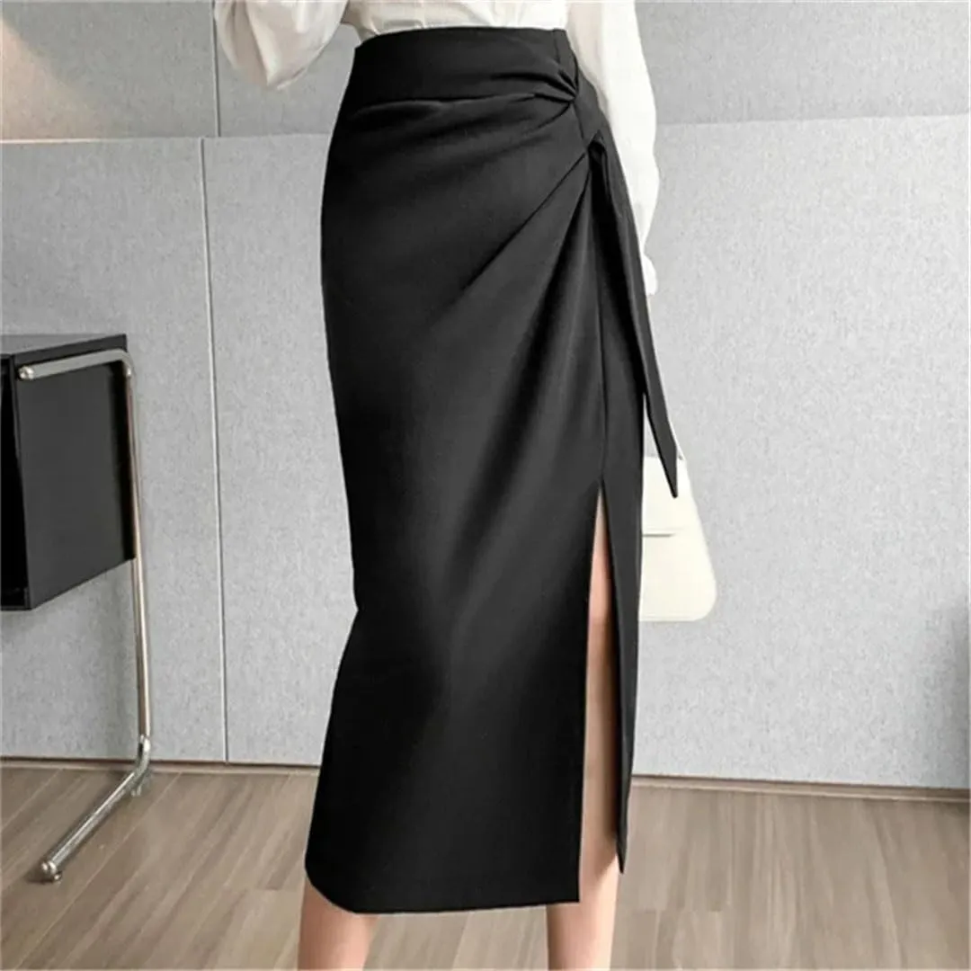 Women Retro High Waist Mid Length Pencil Skirts Solid Office Lady Color Wrapped Skirts
