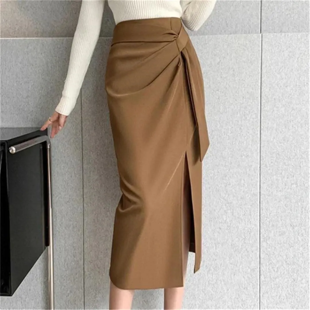 Women Retro High Waist Mid Length Pencil Skirts Solid Office Lady Color Wrapped Skirts