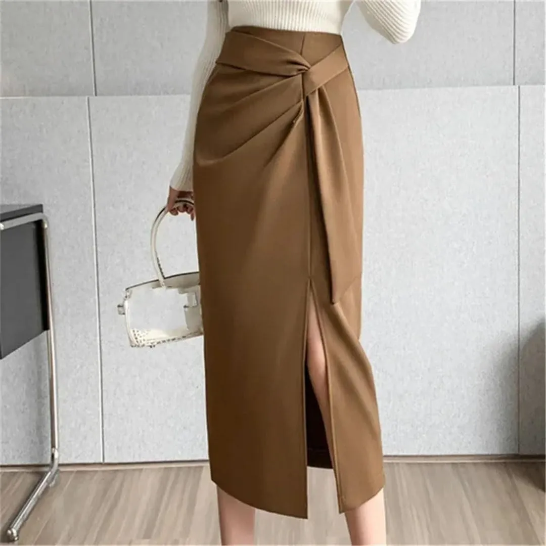Women Retro High Waist Mid Length Pencil Skirts Solid Office Lady Color Wrapped Skirts