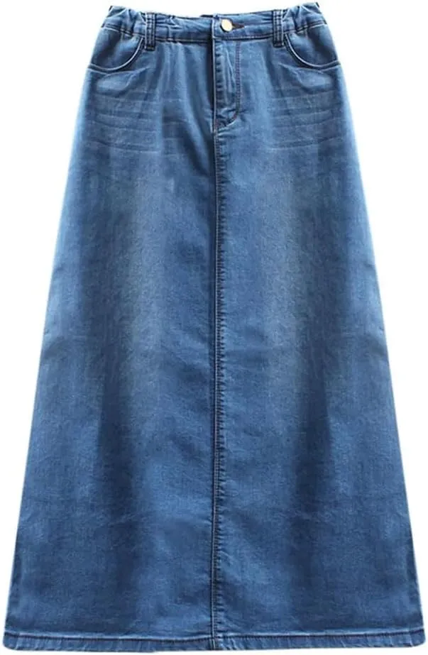 Women Ruched Long Skirts for Denim Mid Length Elastic Waist High Plaid Pencil Skirts for