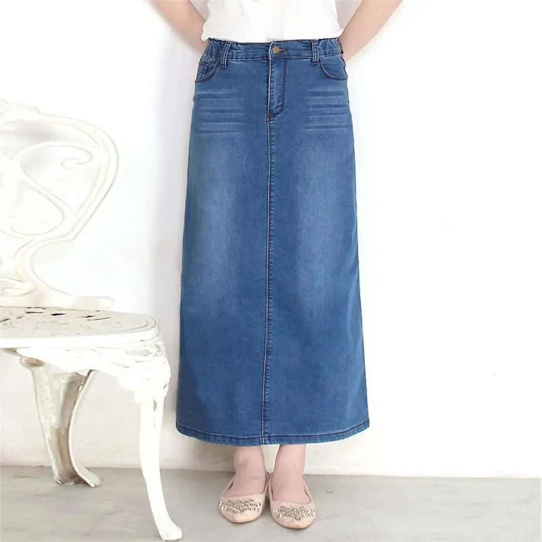Women Ruched Long Skirts for Denim Mid Length Elastic Waist High Plaid Pencil Skirts for