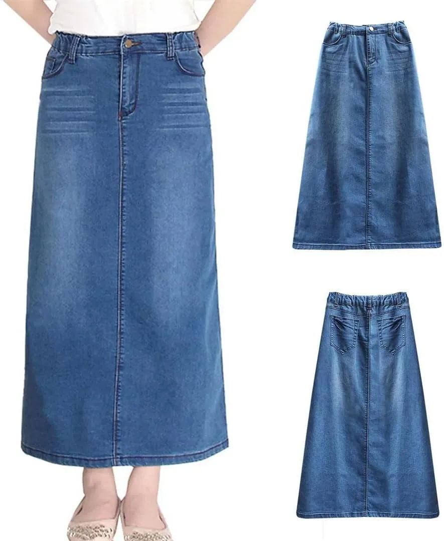 Women Ruched Long Skirts for Denim Mid Length Elastic Waist High Plaid Pencil Skirts for