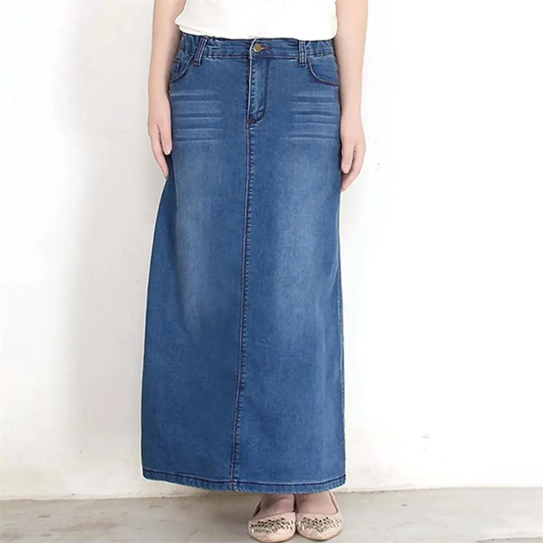 Women Ruched Long Skirts for Denim Mid Length Elastic Waist High Plaid Pencil Skirts for