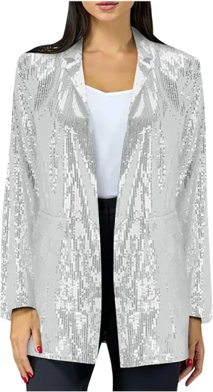 Women Sequin Shiny Blazer Notched Lapel Open Front Long Sleeve Suit Jackets Sparkly Party Casaul Lightweight Outwear