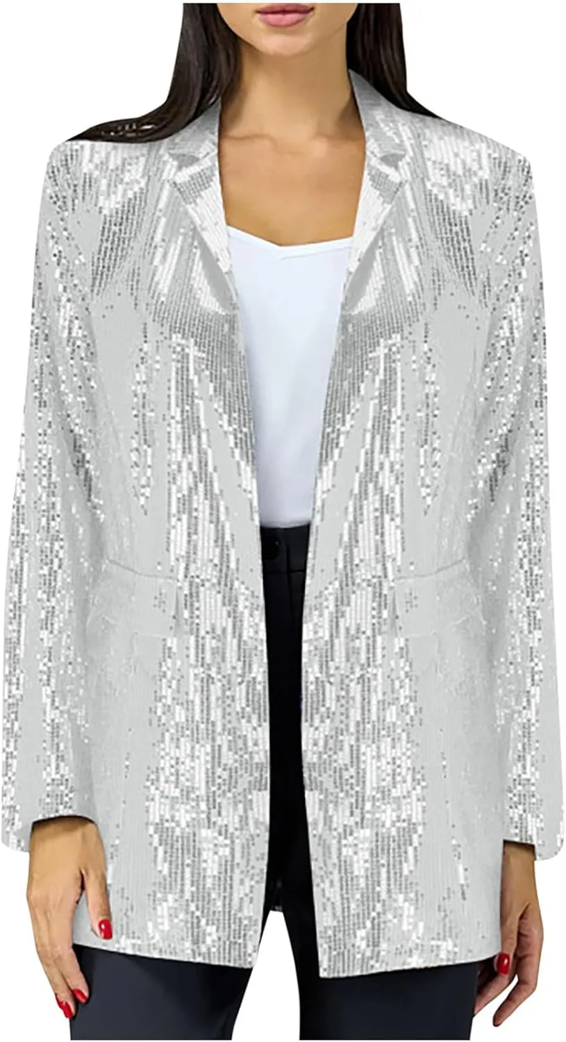 Women Sequin Shiny Blazer Notched Lapel Open Front Long Sleeve Suit Jackets Sparkly Party Casaul Lightweight Outwear