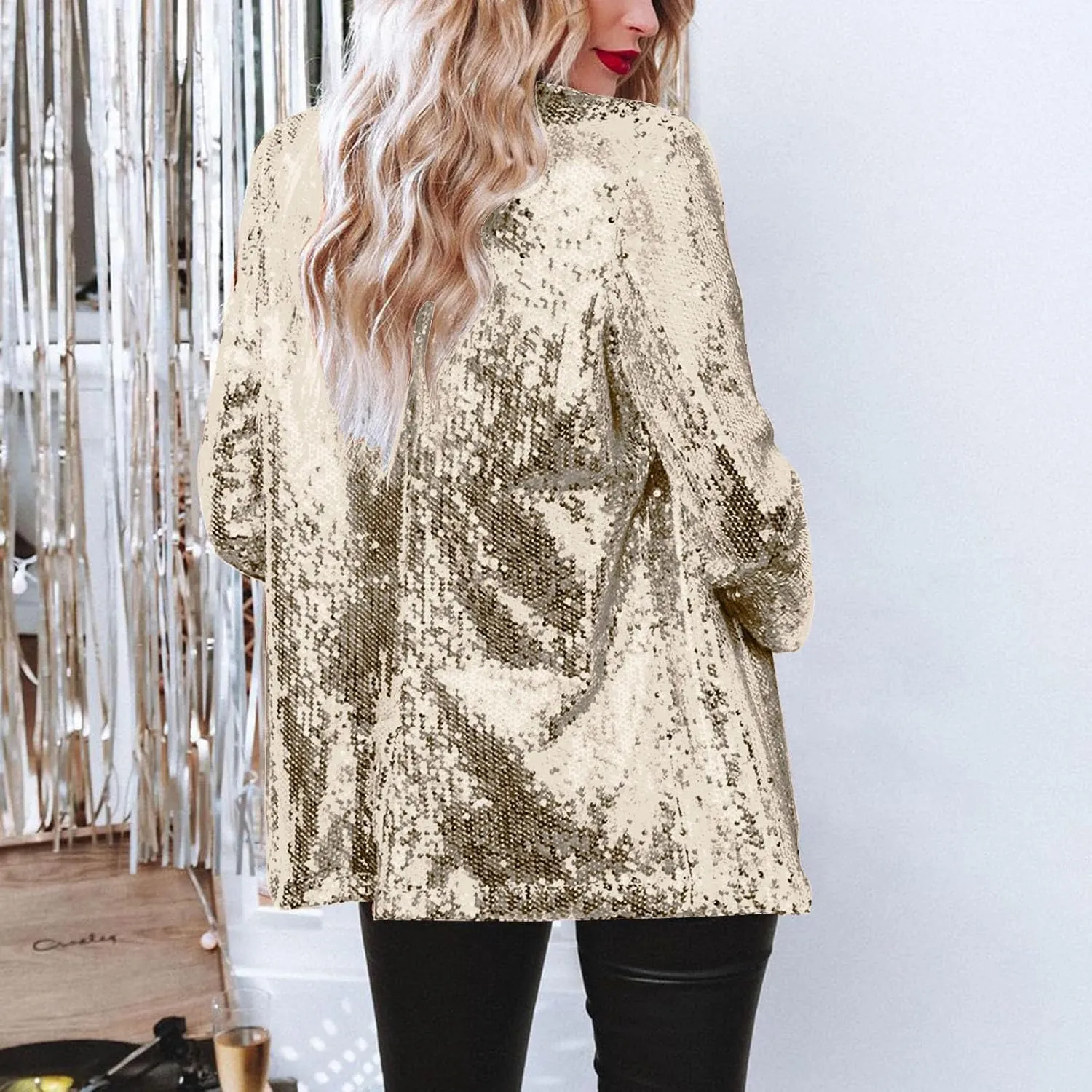 Women Sequin Suit Jacket Glitter Sparkle Open Front Long Sleeve Blazer Lightweight Casual Loose Fit Lapel Outwear