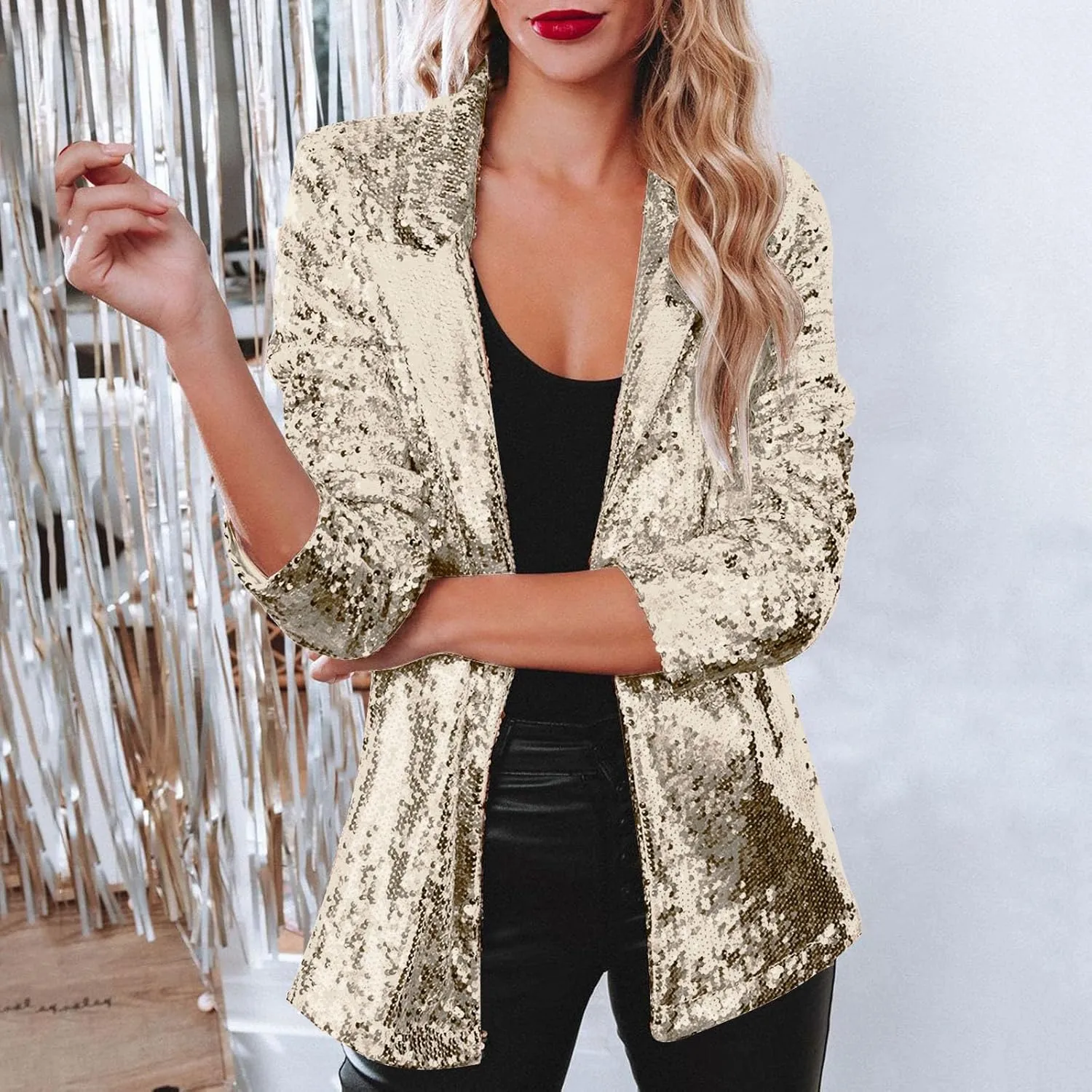Women Sequin Suit Jacket Glitter Sparkle Open Front Long Sleeve Blazer Lightweight Casual Loose Fit Lapel Outwear