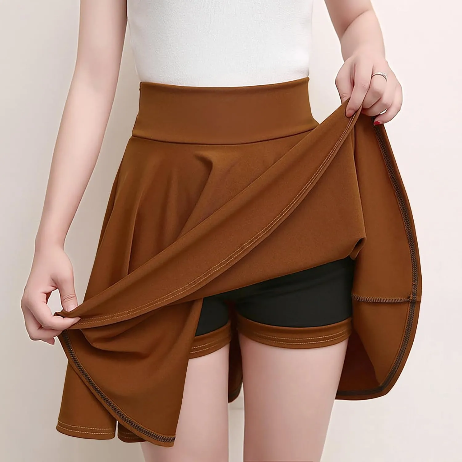 Women Skirt with Shorts High Waist Side Zipper Pleated Wrap Solid Color Casual Summer A Line Mini Skirts