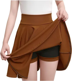 Women Skirt with Shorts High Waist Side Zipper Pleated Wrap Solid Color Casual Summer A Line Mini Skirts