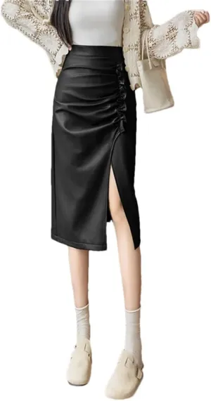 Women Solid High Waist Pleated Irregular Split Wrapped Pencil Skirts