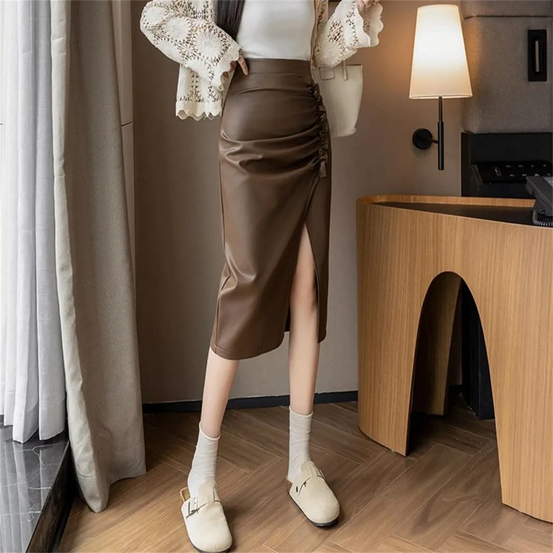 Women Solid High Waist Pleated Irregular Split Wrapped Pencil Skirts