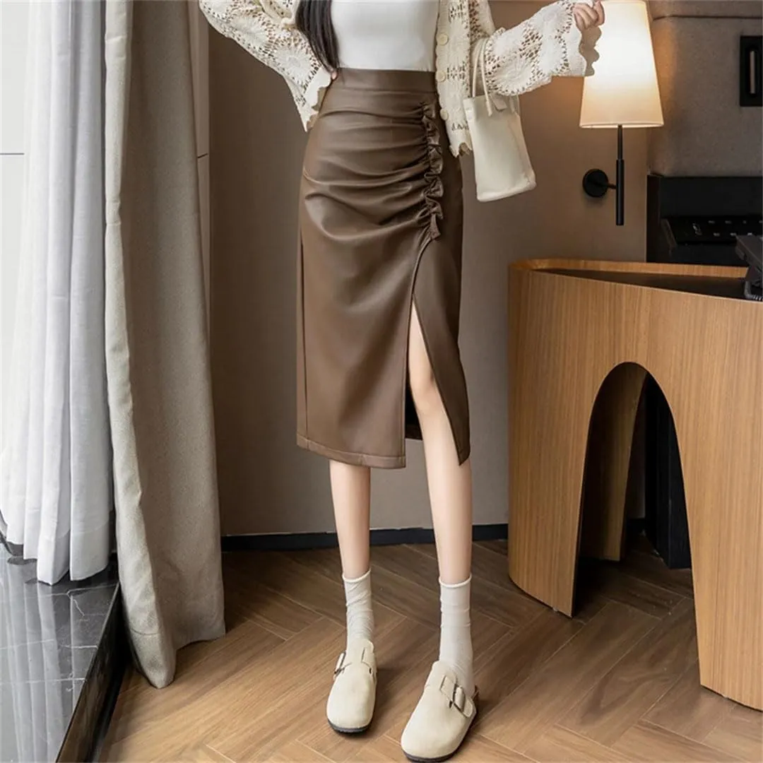 Women Solid High Waist Pleated Irregular Split Wrapped Pencil Skirts