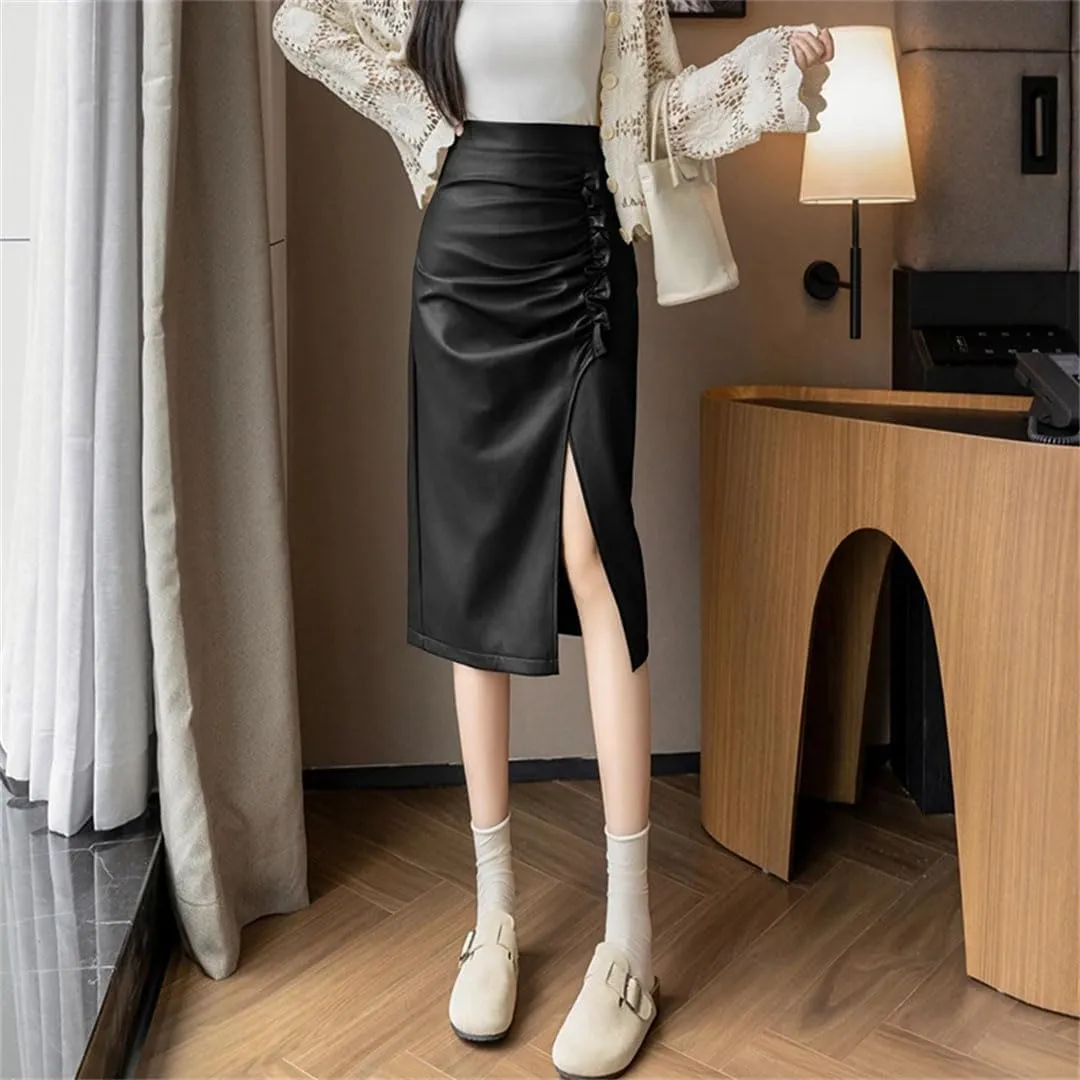 Women Solid High Waist Pleated Irregular Split Wrapped Pencil Skirts