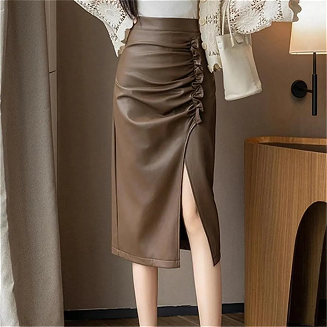 Women Solid High Waist Pleated Irregular Split Wrapped Pencil Skirts