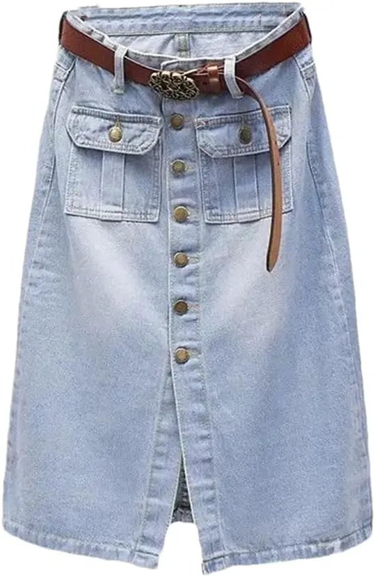 Women Spring Summer Front Split Denim Sheath Skirts Single-Breasted Midi High Waist Pencil Skirts
