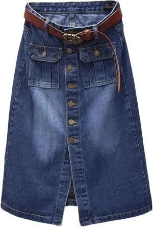 Women Spring Summer Front Split Denim Sheath Skirts Single-Breasted Midi High Waist Pencil Skirts