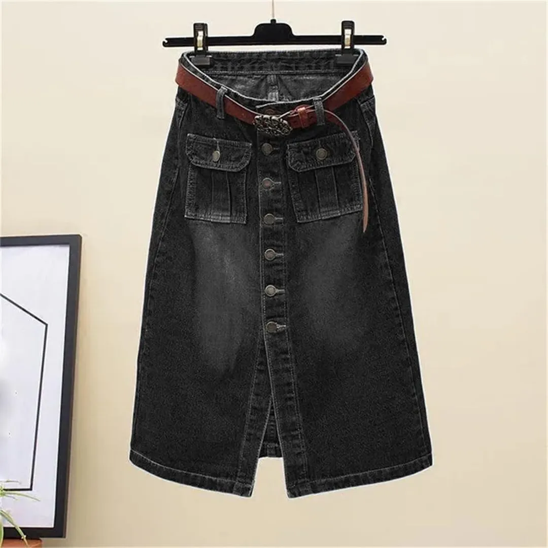 Women Spring Summer Front Split Denim Sheath Skirts Single-Breasted Midi High Waist Pencil Skirts