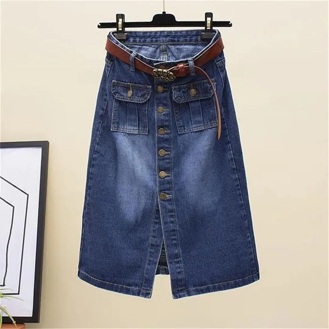 Women Spring Summer Front Split Denim Sheath Skirts Single-Breasted Midi High Waist Pencil Skirts