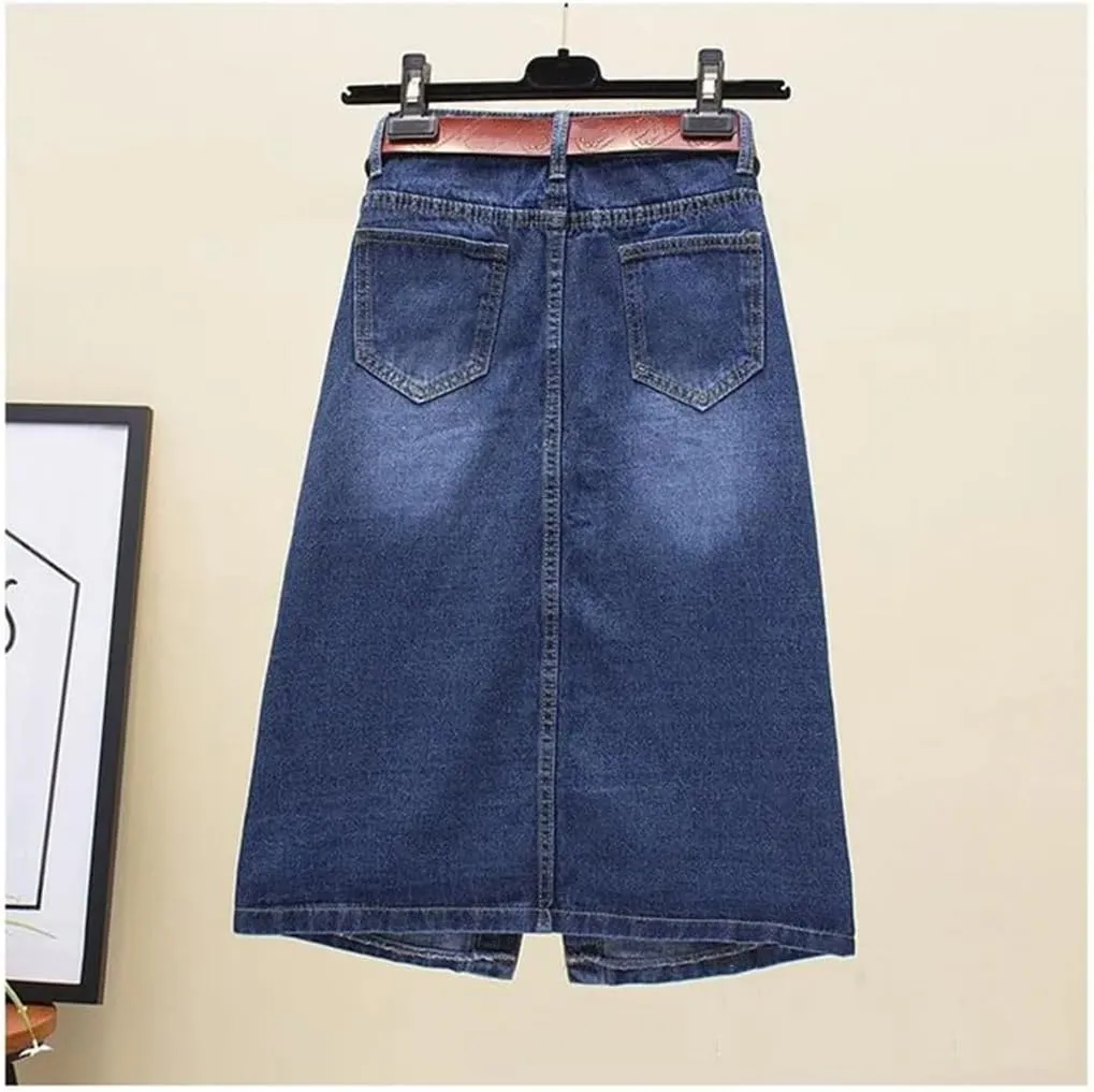 Women Spring Summer Front Split Denim Sheath Skirts Single-Breasted Midi High Waist Pencil Skirts