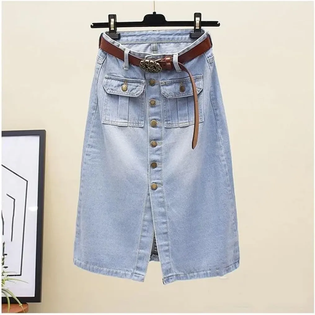 Women Spring Summer Front Split Denim Sheath Skirts Single-Breasted Midi High Waist Pencil Skirts