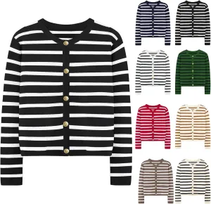 Women Striped Cardigan Sweaters Casual Long Sleeve Button Down Cropped Jackets Coat Fall Knit Sweater