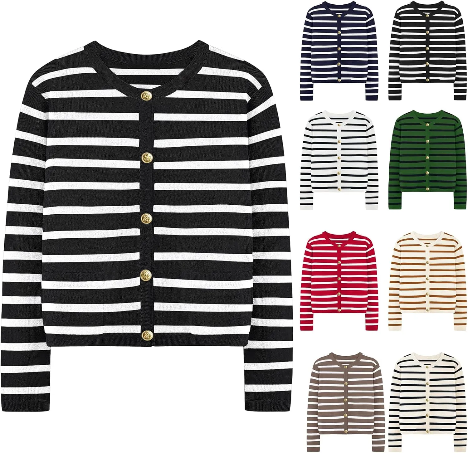 Women Striped Cardigan Sweaters Casual Long Sleeve Button Down Cropped Jackets Coat Fall Knit Sweater