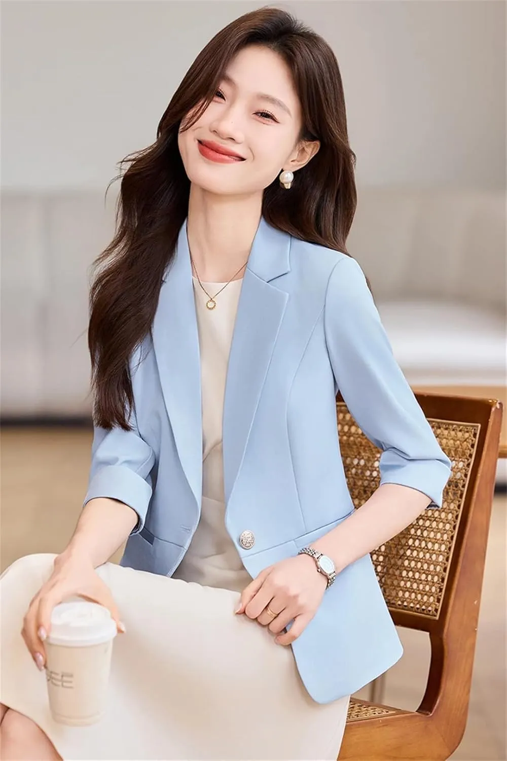 Women Summer Blazer Office Ladies Suit Jackets Half Sleeve Slim Work Business Blazer
