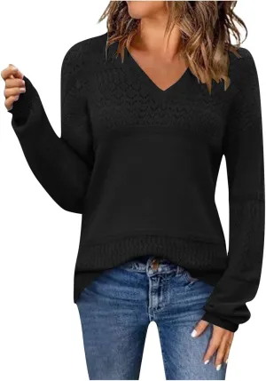 Women Sweaters Casual Long Sleeve V Neck Crochet Pullover Sweater Cable Knit Fashion Spring Tops