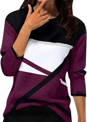 Women Trendy Colors Block Sweatshirt Long Sleeve Crewneck Shirts for Spring Fall Winter Tops 2025 Fit Casual Blouses