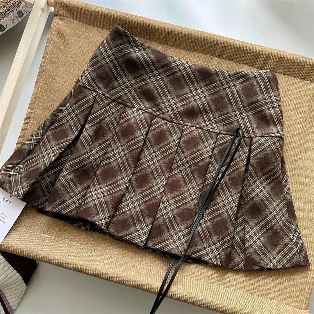 Women Vintage Plaid Mini Skirt A-Line Pleated Streetwear Slim Casual Pencil Skirts