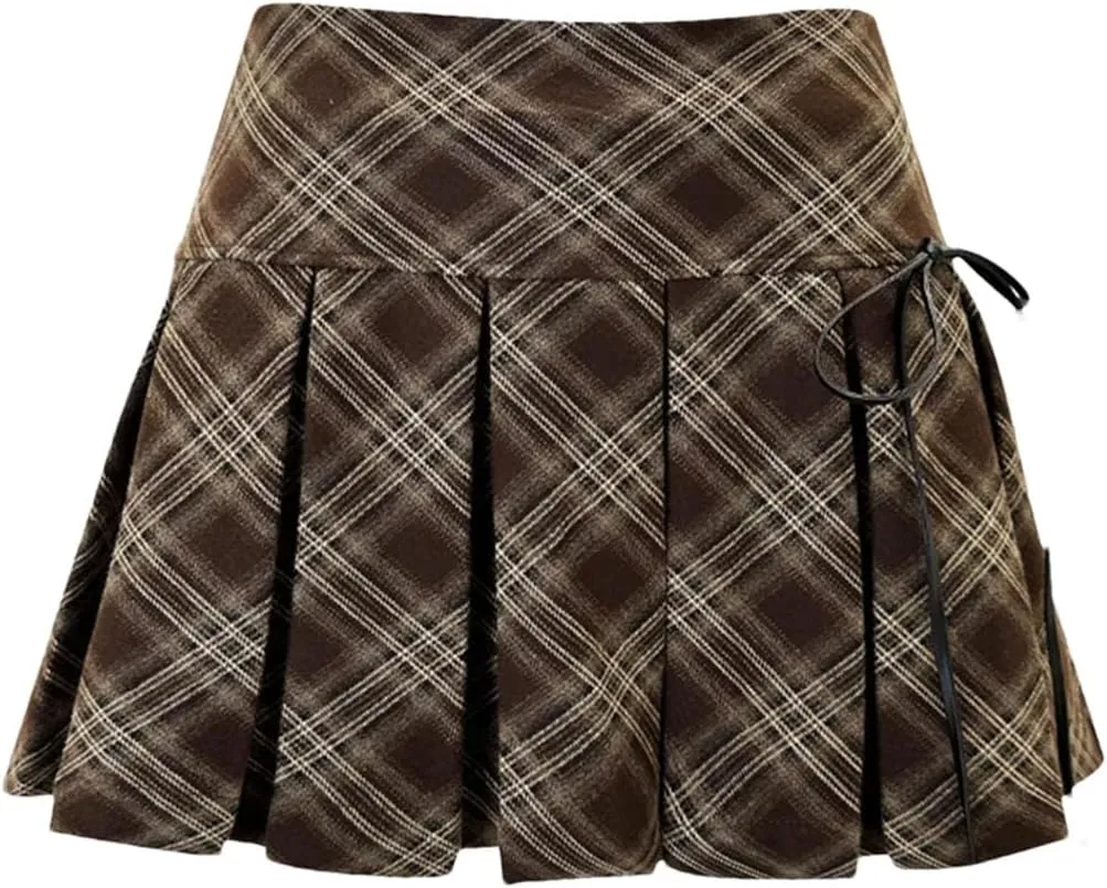 Women Vintage Plaid Mini Skirt A-Line Pleated Streetwear Slim Casual Pencil Skirts
